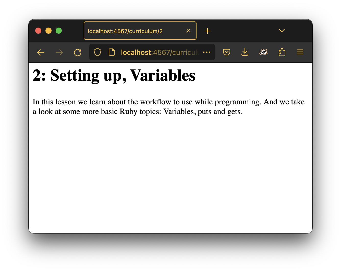 Screen shot of a browser window of the Sinatra application with the curriculum detail page, showing a title and the description of the lesson