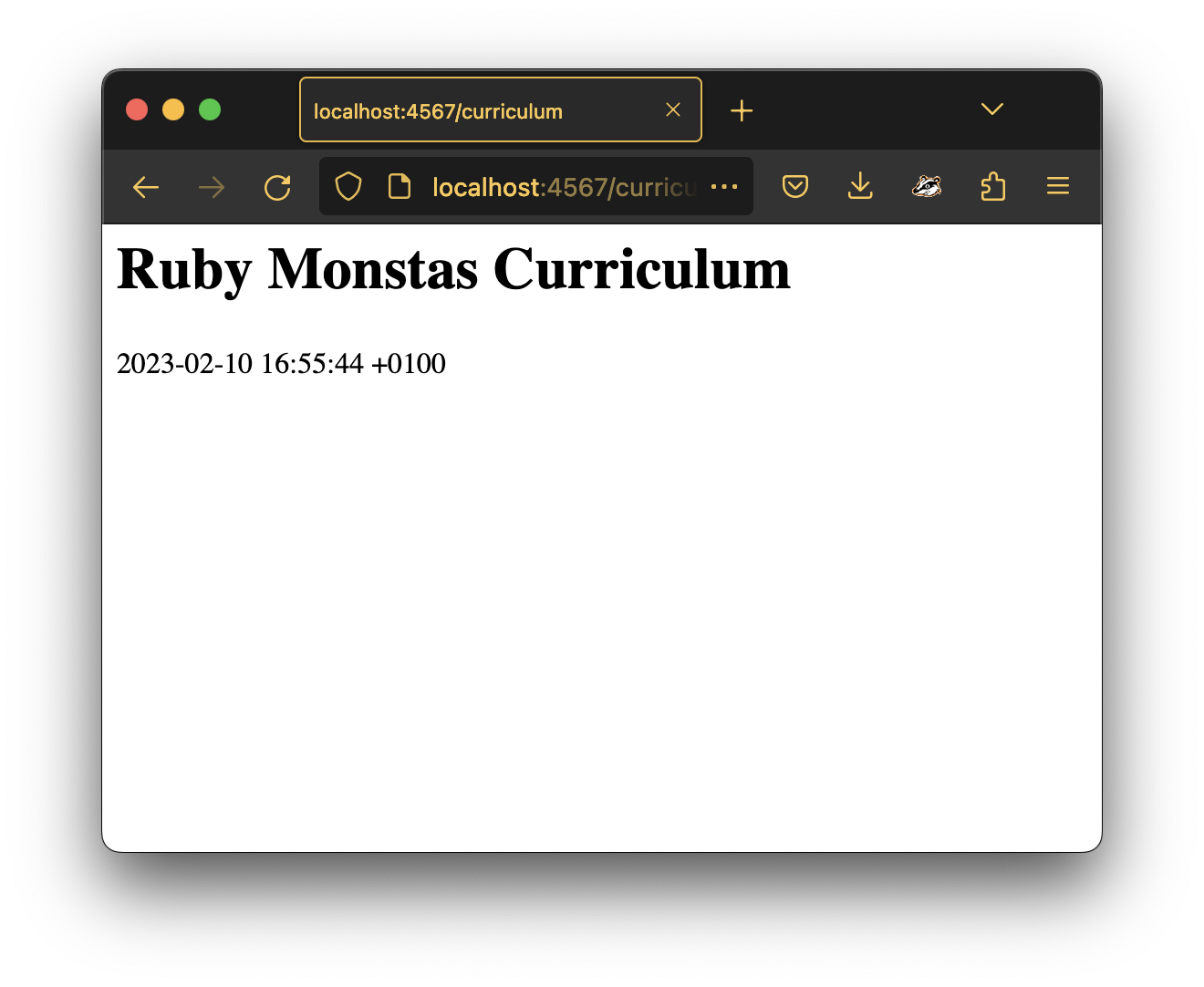 Screen shot of a browser window of the Sinatra application showing a title and the current time