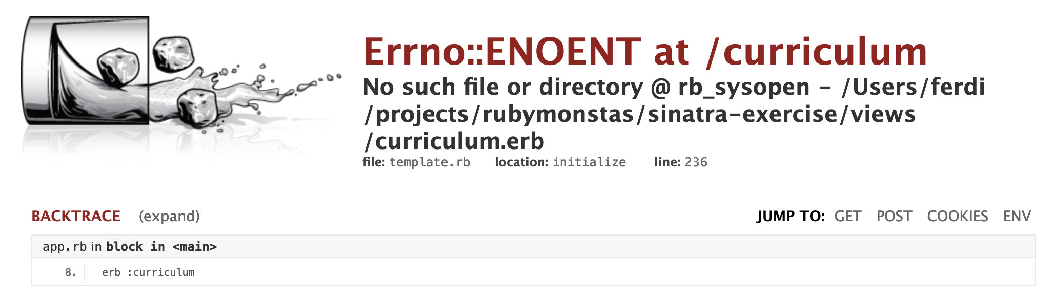 Sinatra error message about a file not being found